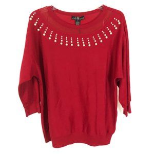 NWT Womens Size XL 80 Park Red Pearl Bead Accent Illusion Dolman Sleeve Sweater